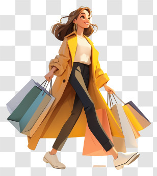 Shopping Woman - Fashionable Woman In Yellow Coat Shopping Transparent PNG