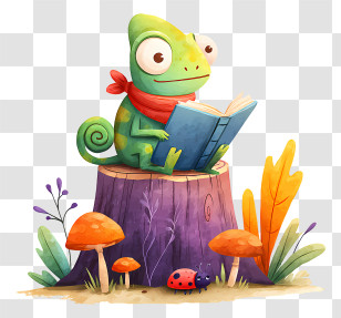 Chameleon Reading Book - Chameleon Reading On Tree Stump Transparent PNG