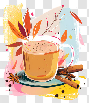 Masala Chai Tea - Warm Spiced Tea Illustration With Autumn Leaves Transparent PNG