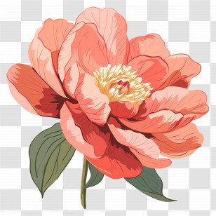 Peony - Pink Blooming Flower With Leaves Transparent PNG