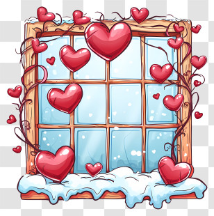 Valentine Window - Snowy Window With Heart Decorations For Valentines Transparent PNG