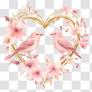 Wedding Heart - Heart With Birds And Pink Flowers Transparent PNG