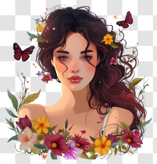 Realistic Woman And Flowers - Beautiful Woman Surrounded By Flowers And Butterflies Illustration Transparent PNG