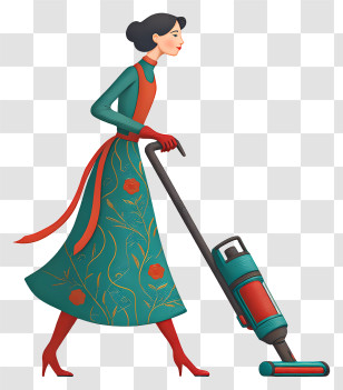 Woman With Vacuum Cleaner - Woman Vacuuming In Stylish Dress Transparent PNG