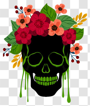 Halloween Skull Flowers - Black Skull With Green Accents And Flowers Transparent PNG