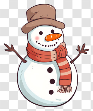 Cartoon Snowman - Cheerful Snowman With Hat And Scarf Transparent PNG