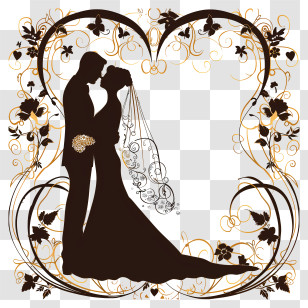 Wedding Frame - Silhouette Of Wedding Couple In Floral Heart Frame Transparent PNG