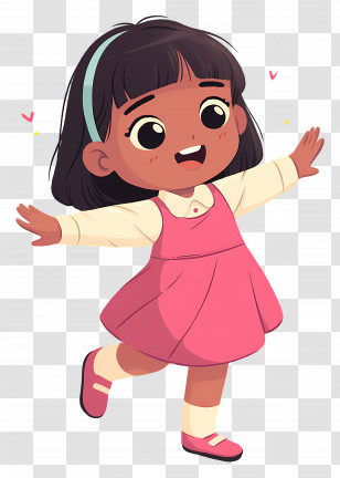 Cartoon Little Girl - Cheerful Cartoon Girl In A Vibrant Pink Dress Transparent PNG