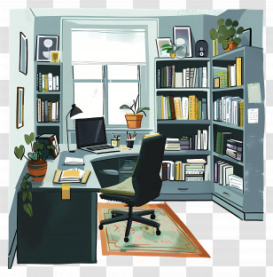 Modern Office - Cozy Office With Bookshelves And Desk Transparent PNG