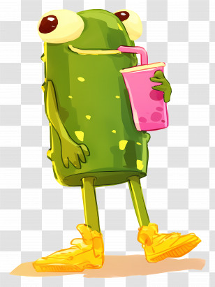 Cartoon Frog Holding Drink - Cartoon Pickle With Drink Transparent PNG