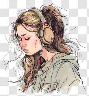 Listening To Music - Girl With Headphones Listening To Music Transparent PNG