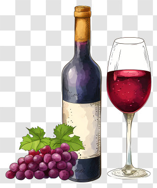 Doodle Style Bottle With Red Wine And Glass - Wine Bottle, Glass, And Grapes Illustration Transparent PNG