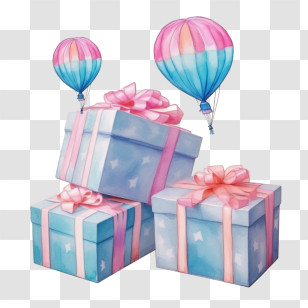 Gift Boxes - Gift Boxes With Ribbons And Hot Air Balloons Transparent PNG