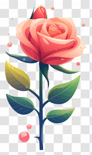 Rose With Dew Drops - Elegant Red Rose With Stem And Leaves Transparent PNG