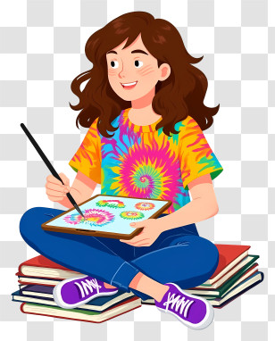 Cartoon Girl Sitting - Girl Painting With Tie-Dye Shirt Transparent PNG