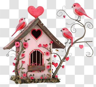Realistic 3d Valentine Bird House - Heart Birdhouse With Birds Transparent PNG