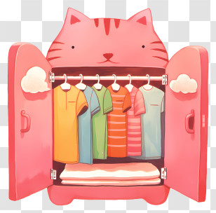 Watercolor Open Wardrobe - Pink Cat-Shaped Wardrobe With Clothes Transparent PNG