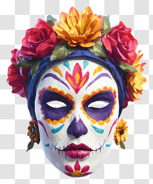 Sugar Skull Face Paint - Colorful Sugar Skull With Floral Headpiece Transparent PNG