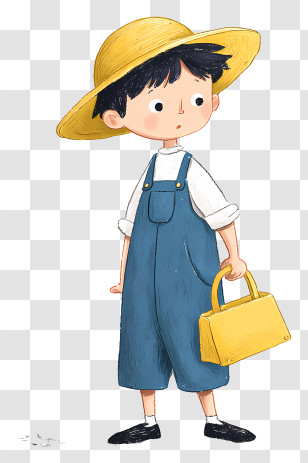 Child Holding Bag - Boy In Overalls With Yellow Hat Transparent PNG