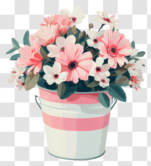 Valentine Flower Art - Pink And White Flowers In Decorative Bucket Transparent PNG