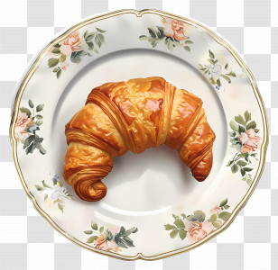 Croissant - Golden Croissant On A Floral Plate Transparent PNG