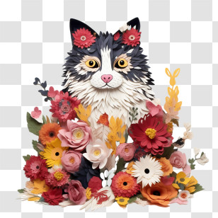 Floral Cat - Cat Surrounded By Vibrant Blossoms Illustration Transparent PNG