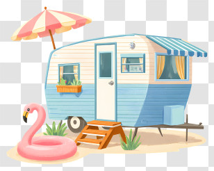 Vintage Trailer - Blue And White Caravan With Beach Umbrella Transparent PNG