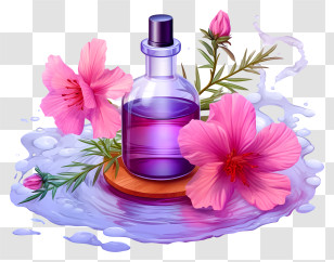 Isometric Style - Purple Bottle With Pink Flowers And Water Transparent PNG