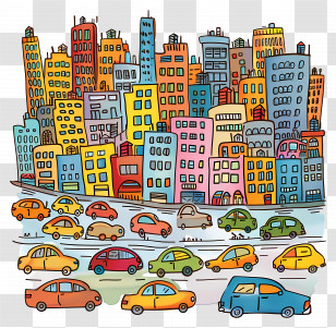 Cars In City - Cartoon Cityscape With Colorful Traffic And Buildings Transparent PNG