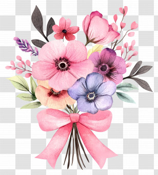 Pink Bouquet - Colorful Floral Bouquet With Bow Transparent PNG