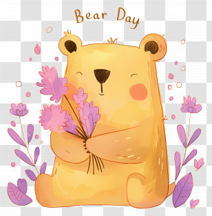 Bear Day - Happy Cartoon Bear With Flower Bouquet Transparent PNG