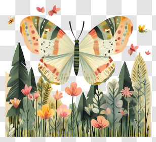 Butterfly Woodland - Butterfly Flying Over Flowers Transparent PNG