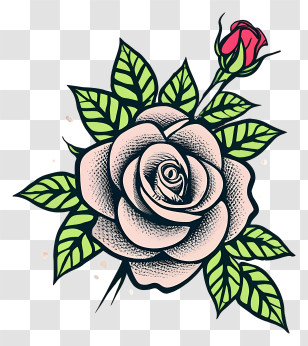 Rose - Tattoo-Style Rose With Pink Bud Transparent PNG