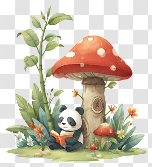 Panda Reading Book - Panda Reading Under Mushroom Transparent PNG