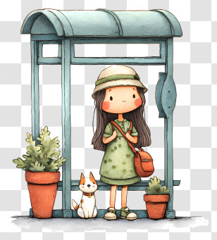 Girl With Dog At Bus Stop - Cute Watercolor Girl At Bus Stop Transparent PNG