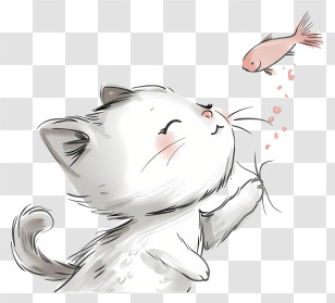 Cute Cat Kissing Fish - Charming White Kitten Playing With A Fish In Sketch Style Transparent PNG