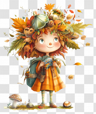 September Equinox - Girl With Autumn Hat And Leaves Transparent PNG
