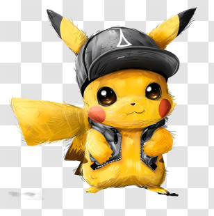 Pikachu - Yellow Cartoon Character In Black Cap Transparent PNG