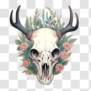 Deer Skull - Animal Skull With Antlers And Floral Details Transparent PNG