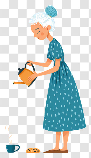 Woman Pouring Coffee - Elderly Woman Pouring Tea In Blue Dress Transparent PNG