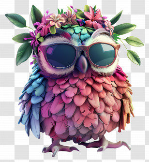3d Bird - Floral Owl With Sunglasses Transparent PNG