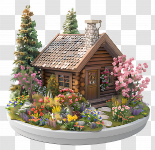 Mountain Cabin - Cozy Log Cabin With Flower Surroundings Transparent PNG