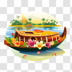 Onam Boat - Artistic Houseboat With Tropical Flowers Illustration Transparent PNG
