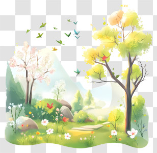Spring Scenery - Spring Landscape With Birds And Trees Transparent PNG