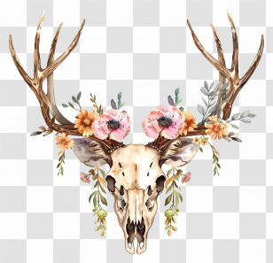 Deer Skull - Deer Skull With Antlers And Floral Design Transparent PNG