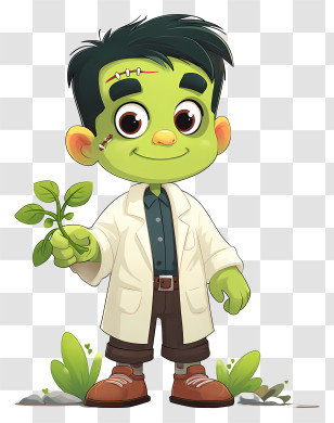 Frankenstein Monster - Friendly Green Character With Plant Transparent PNG