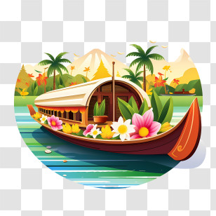 Onam Boat - Flower-Decorated Boat On Scenic Waters Transparent PNG