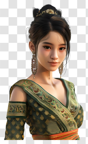 Cambodian Woman Cartoon - Elegant Woman In Green Traditional Dress Transparent PNG