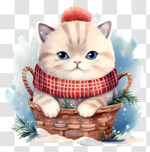 White Cat - Cute Kitten In Basket With Scarf Illustration Transparent PNG