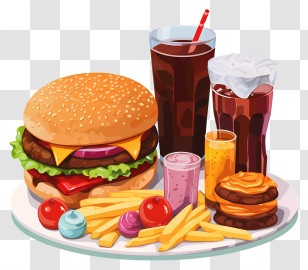 Hamburger - Burger Meal With Beverages And Side Dishes Transparent PNG